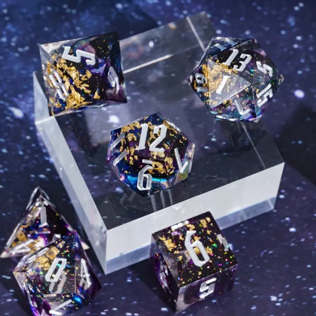 Handmade sharp edge black purple gold foil DND Dice