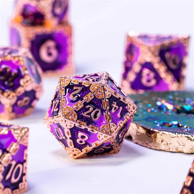 Metal dice set koper paars