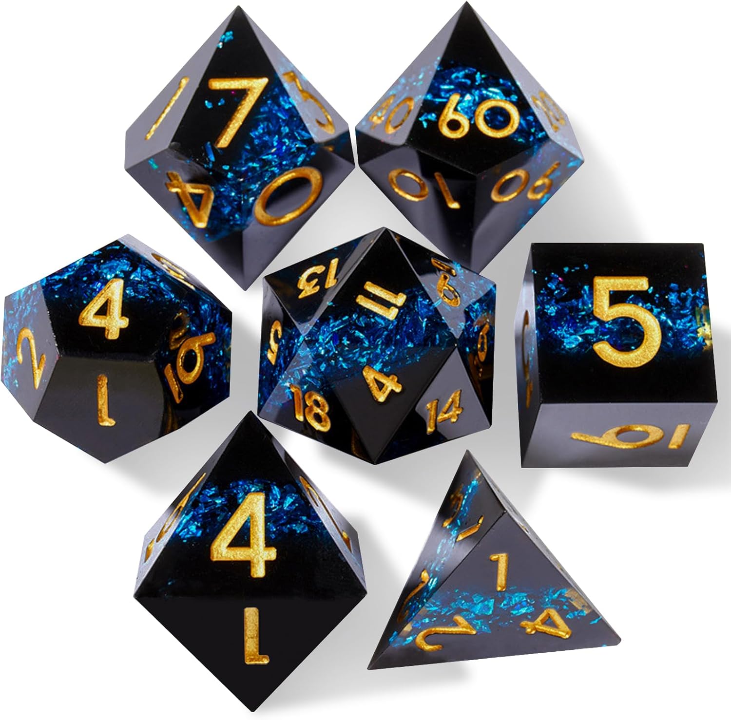 Handmade sharp edge dice Black blue gold font