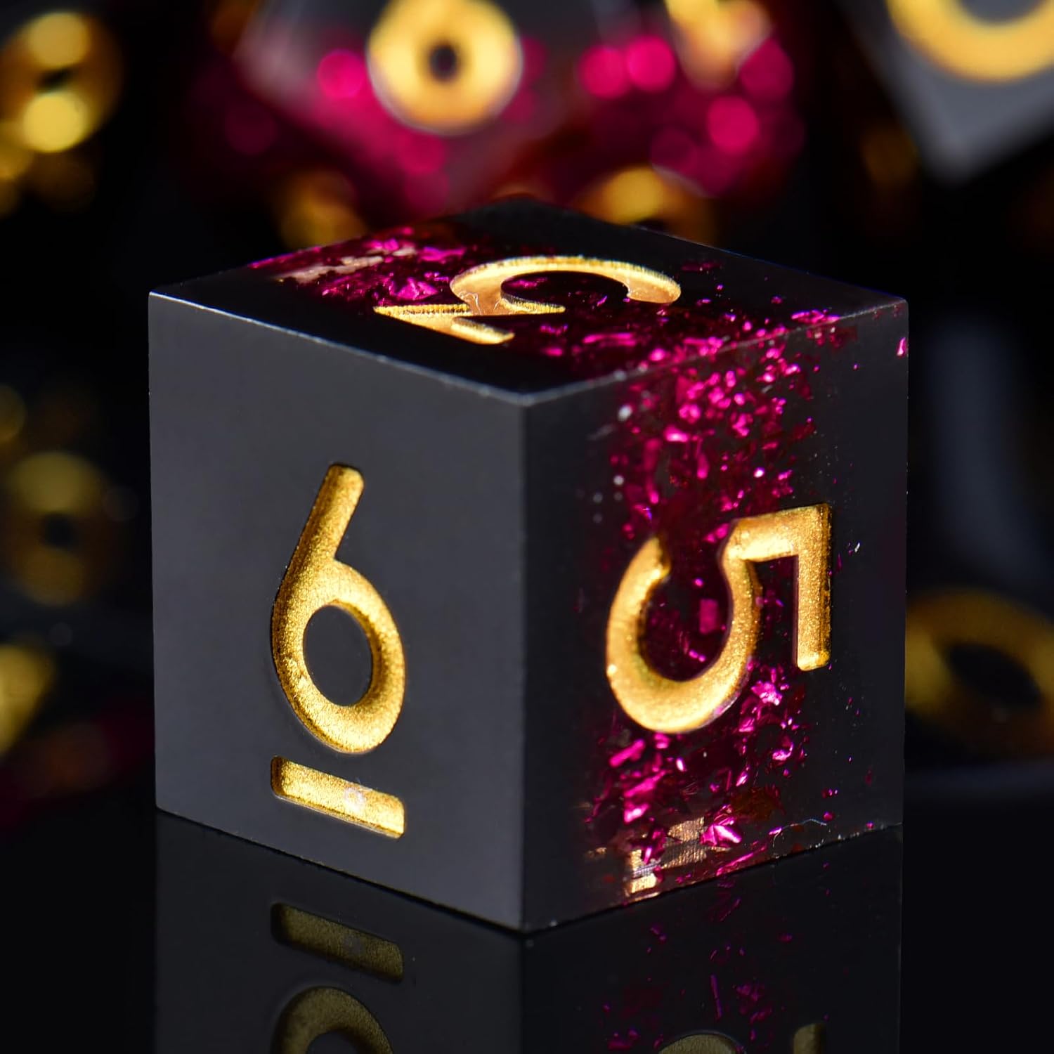 Handmade sharp edge dice Black pink gold font