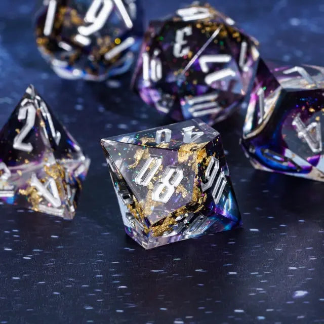 Handmade sharp edge black purple gold foil DND Dice