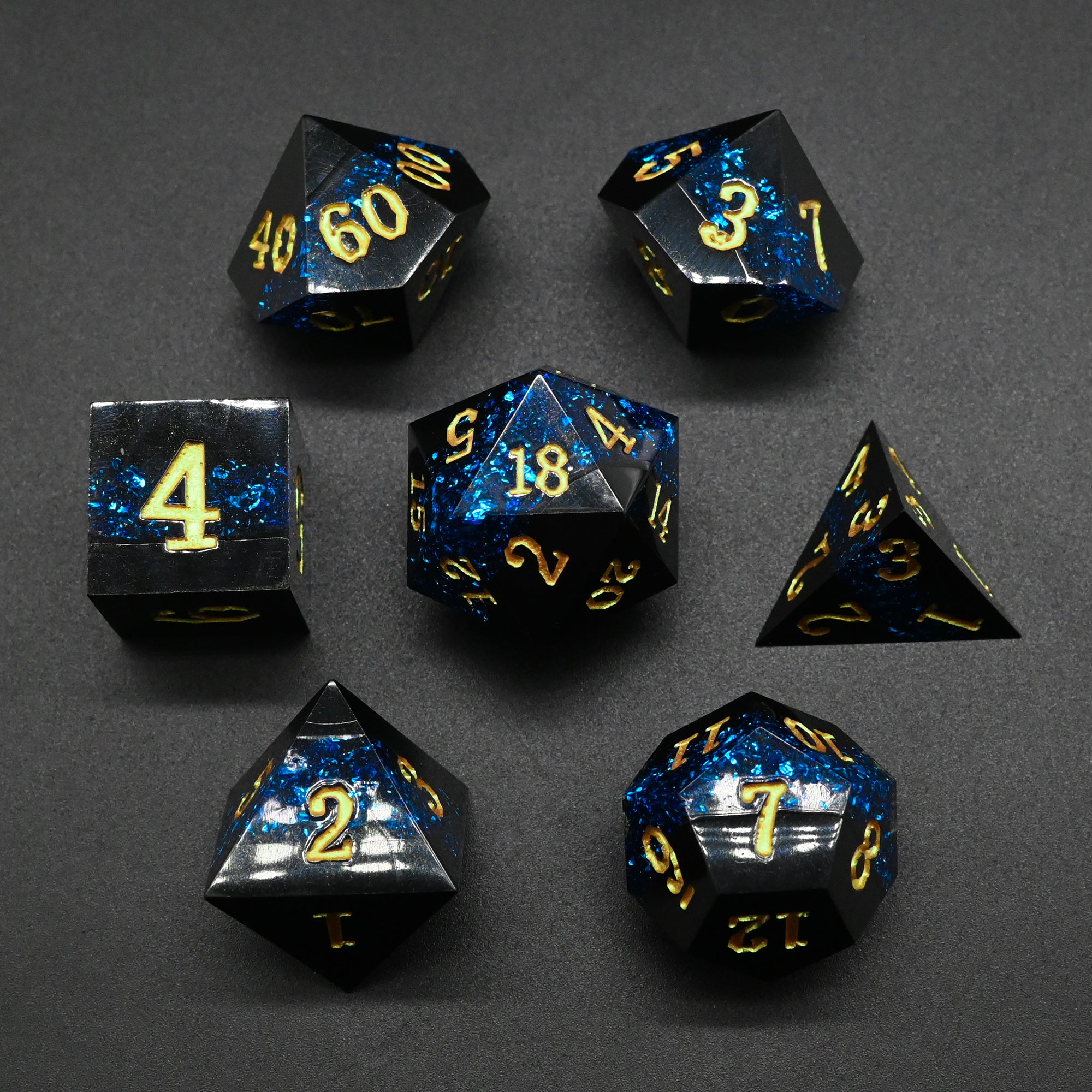 Handmade sharp edge dice Black blue gold font