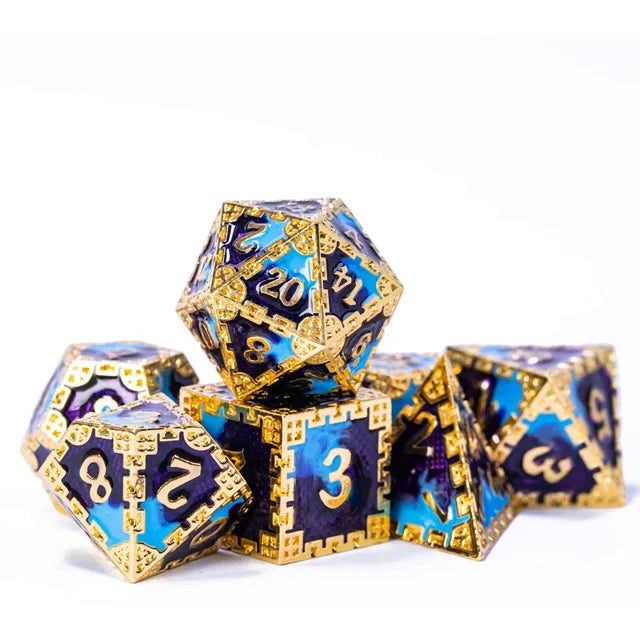 Metal dice set goud paars blauw