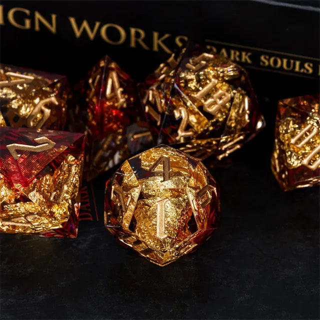 Handmade sharp edge Feather&Goldfoil red DND Dice