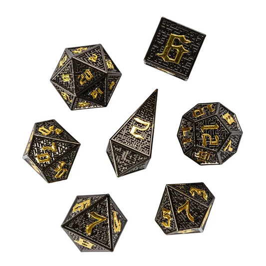 Metal dice set Zwart met goud Maze dice