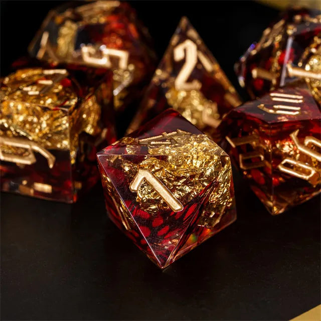 Handmade sharp edge Feather&Goldfoil red DND Dice