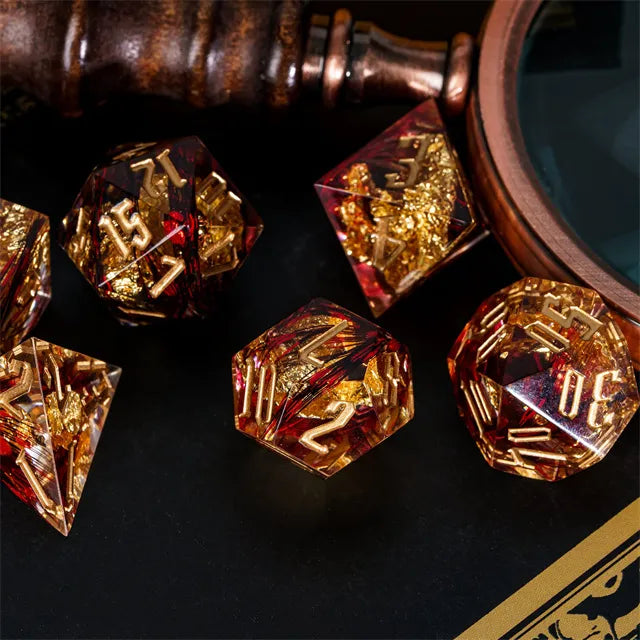 Handmade sharp edge Feather&Goldfoil red DND Dice