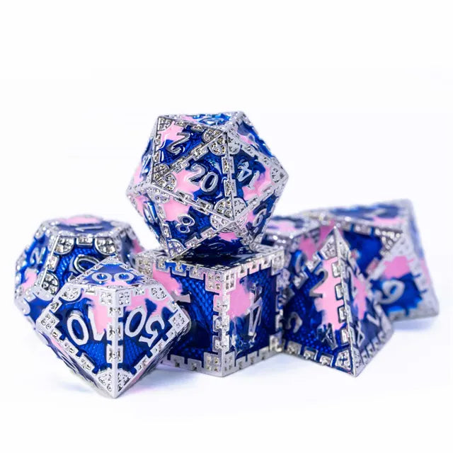 Metal dice set Zilver Blauw Roze