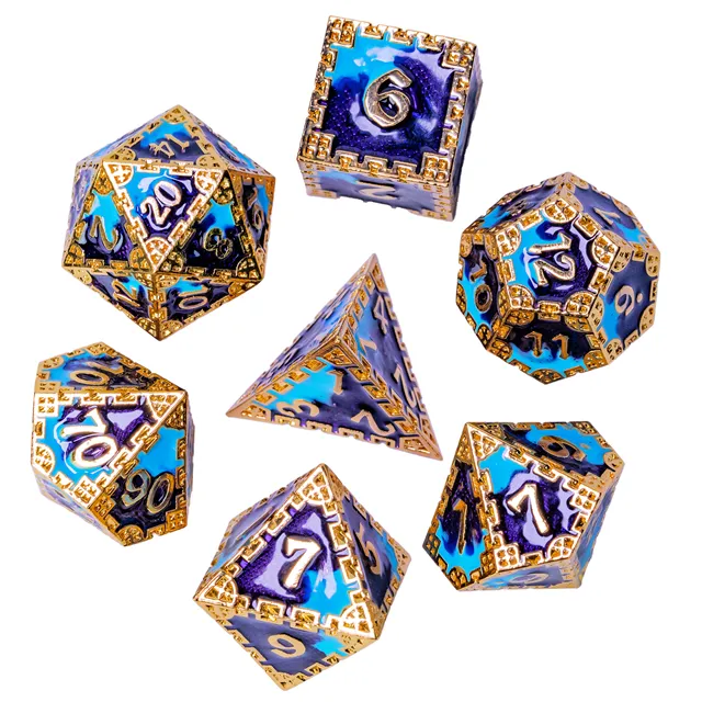 Metal dice set goud paars blauw